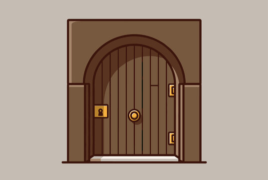 Rustic wooden arched door with a central golden handle and a keyhole is set into a simple brown building facade structure.