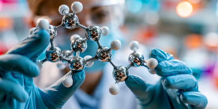 A researcher in blue gloves carefully examines a shiny molecular model structure in a blurred laboratory environment.