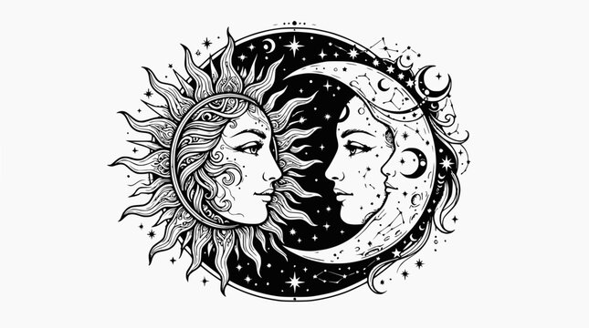 Mystical Sun and Moon Faces Icon, Celestial Symbols, Astrology and Esoteric Art
