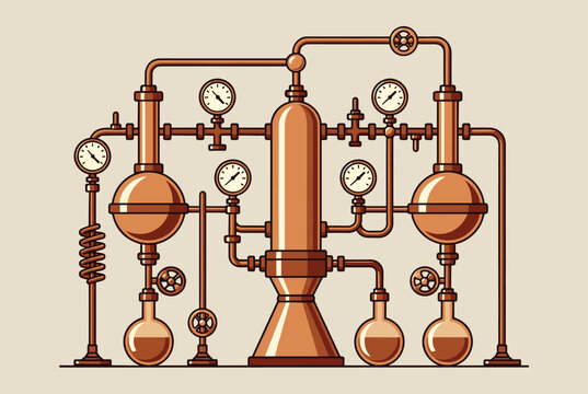Intricate illustration of a copper-colored industrial chemical processing plant or distillery with various pipes, tanks, and gauges.