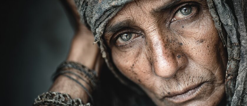 Weathered face of an elderly woman with piercing eyes rests against a dark background, evoking themes of resilience and enduring hardship. Human rights, Aging, Poverty, Health, Sociology