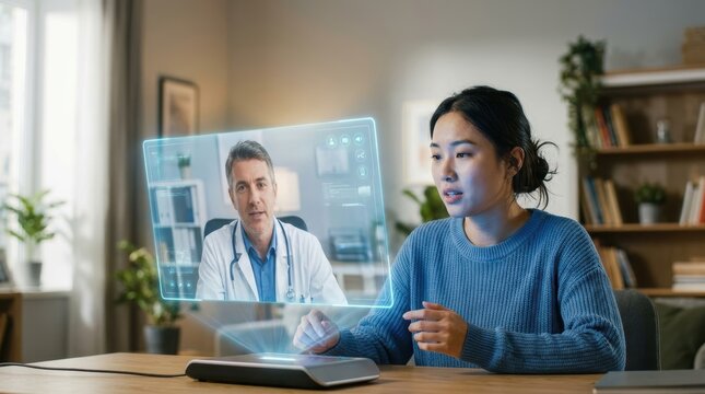 An Asian woman participating in an online medical consultation with a Caucasian male doctor displayed through an advanced holographic screen projection. 