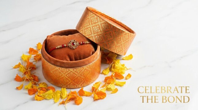 Rakhi bracelet rests inside an elegant orange gift box surrounded by scattered marigold flower petals on a white marble surface.