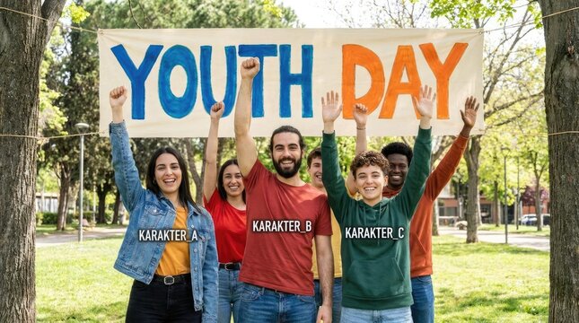 Friends holding International Youth Day banner in park.