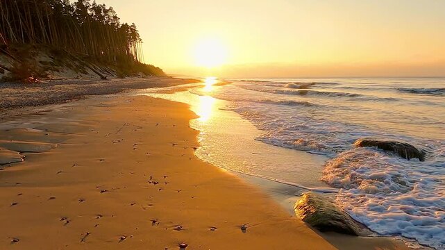 Golden sunset over a tranquil sandy beach with gentle ocean waves framed inside a creative film strip border.