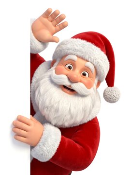 Cartoon Santa Claus peeking around a sign waving