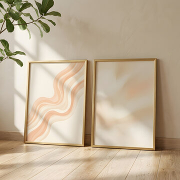 Two empty vertical gold frames resting against a beige wall with soft natural sunlight shadows