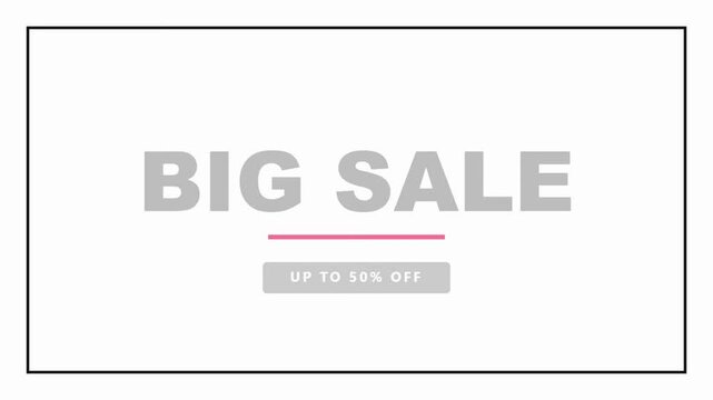 Big sale up to 50% off motion graphic on white background, advertising animation.