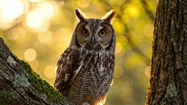 Long eared owl perches on tree branch in forest during sunset