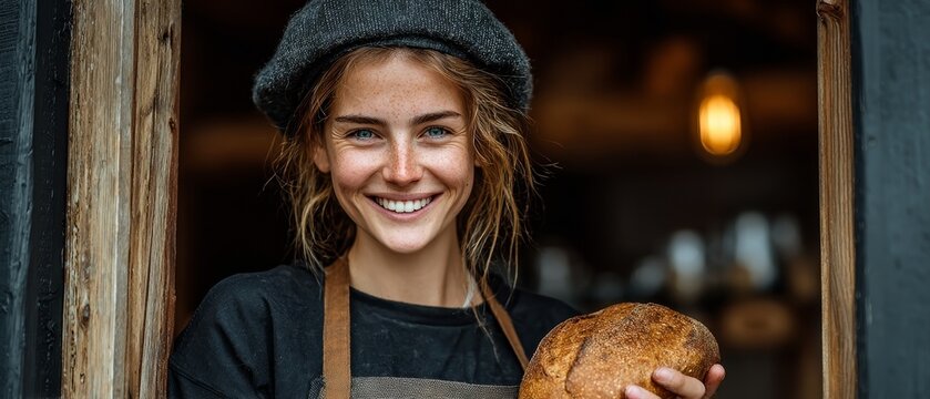A smiling artisan baker wearing a beret and apron holds fresh bread in the foreground with a warm workshop background.