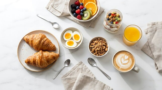 Healthy breakfast meal with fresh croissants boiled eggs fruit granola and coffee on a dining table. easy weekday brunch
