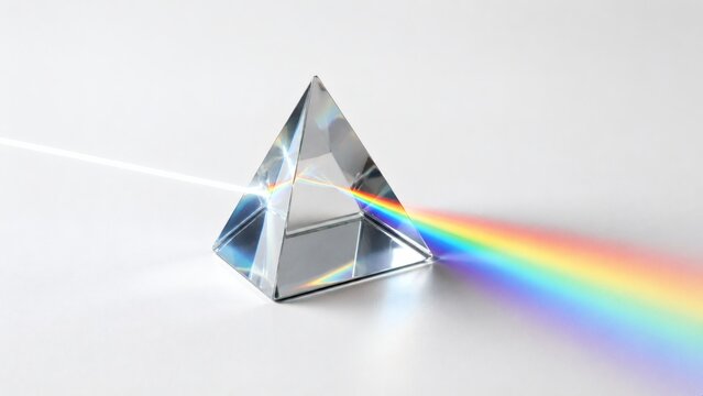 A single 3D rendered glass triangular prism refracting a beam of light into a vibrant rainbow spectrum