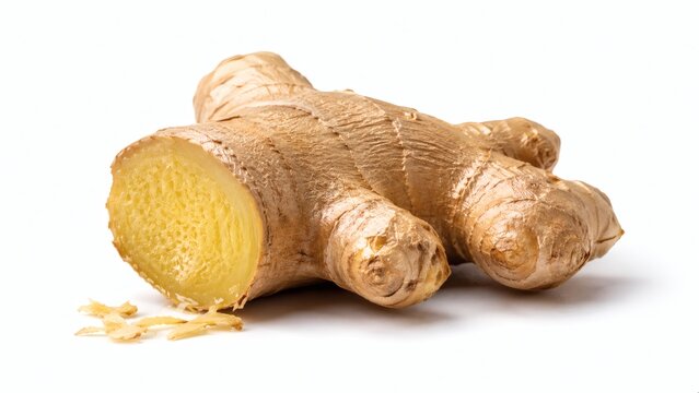 Fresh ginger root on a white surface, showcasing its natural texture and vibrant yellow color inside.