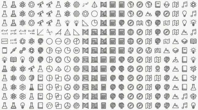 Collection of universal education and science line icons.