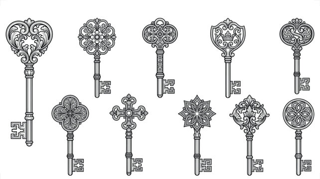 Ornate antique keys arranged in a pattern against a white background with decorative filigree details