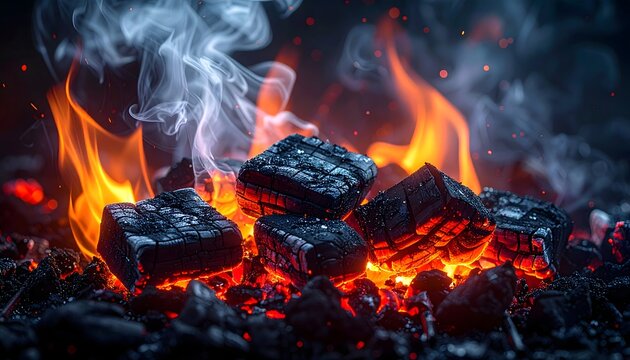 Brasas de carb&oacute;n ardiendo con llamas y humo en primer plano sobre fondo oscuro