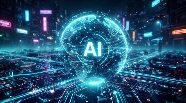 Global artificial intelligence network futuristic cityscape with ai core