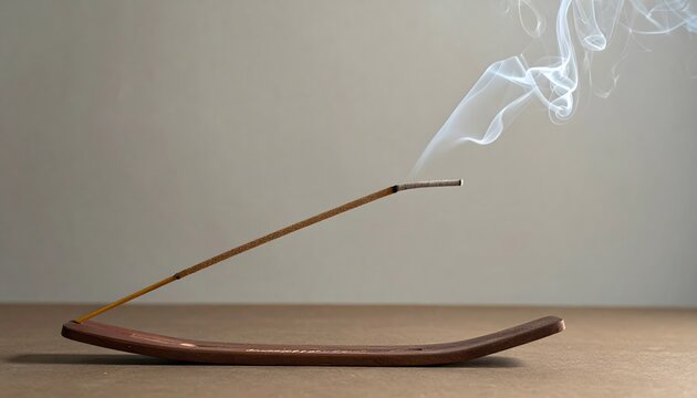 Varilla de incienso encendida con humo sobre soporte de madera en composici&oacute;n minimalista de meditaci&oacute;n y bienestar