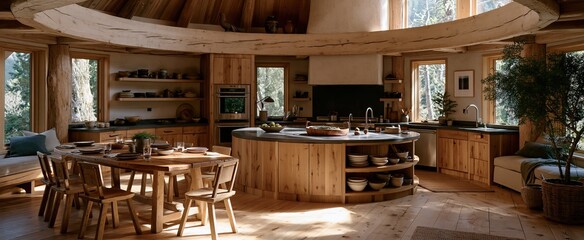 Obraz premium Inside a mountain cabin, a cozy rustic kitchen features warm wood accents and gentle natural lighting.