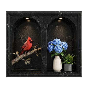 Red cardinal bird on a branch and blue hydrangea flowers in a dark marble wall niche