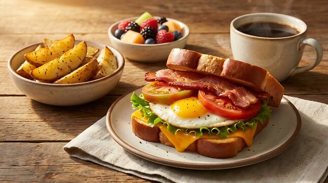 A delicious breakfast sandwich with fried egg bacon and tomato served with potato wedges and coffee. easy weekday brunch
