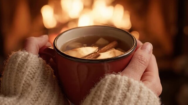 Warm hands holding a cozy mug of spiced beverage with cinnamon sticks and apple slices, glowing fireplace in the background creating a comforting atmosphere