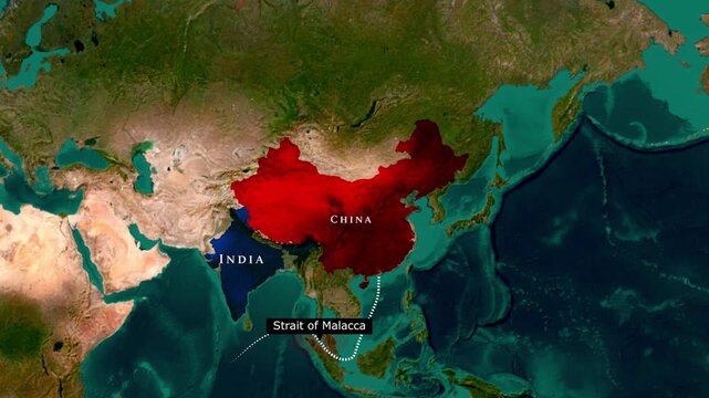 China and India Highlighted on Satellite Map with Strait of Malacca Sea Route Animation