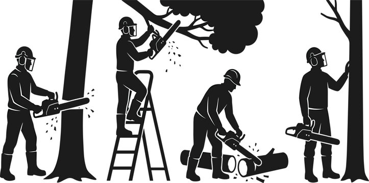 Lumberjack and Tree Service Silhouette Set Featuring Workers Cutting Trunks, Trimming Branches with Chainsaws, and Wearing Professional Safety Equipment