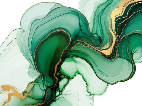 Green and gold alcohol ink marble pattern with flowing shapes on a white background abstract swirls texture fluid