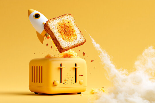 Toaster Launching Toast Like a Rocket with Flames