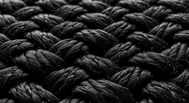 Detailed macro of a black braided rope showing a woven texture and strong industrial bond