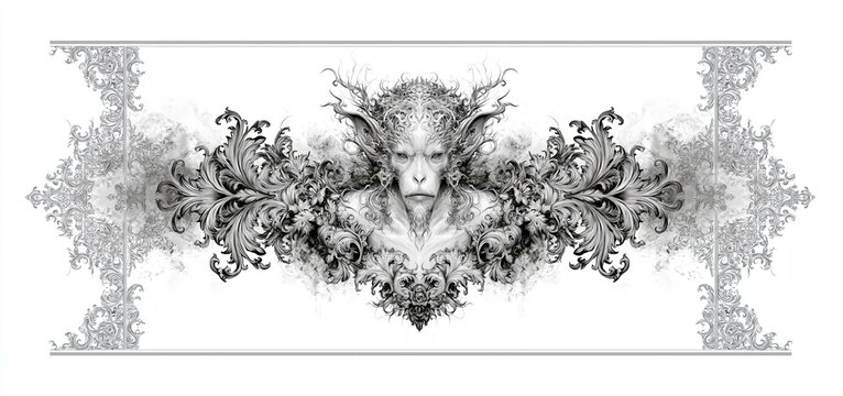 A detailed black-and-white drawing of a mythical primate framed by ornate borders, ideal for artistic and cultural designs.
