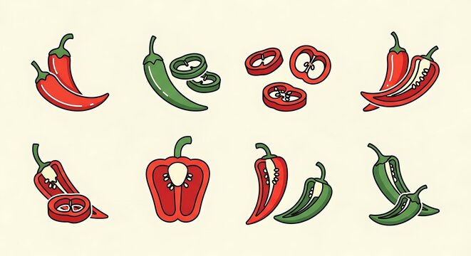 Chili pepper assortment hand drawn icon set with vegetable ingredient capsicum