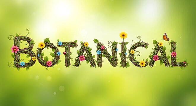 Botanical decorative text typography made of twigs and flowers on green