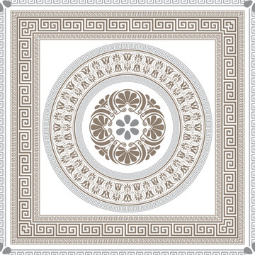 Vintage background with Greek key meander, floral ornament. Seamless tile pattern classical Greek motifs stylized acanthus palmette, key fret border, floral meander. Typical egyptian, assyrian, greek 