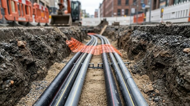 Underground electrical cables installed in a deep construction trench, showcasing modern power infrastructure development for urban energy networks. The scene features heavy insulated cables.