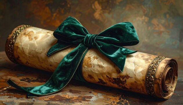 Aged scroll tied with luxurious green velvet ribbon and ornate gold trim