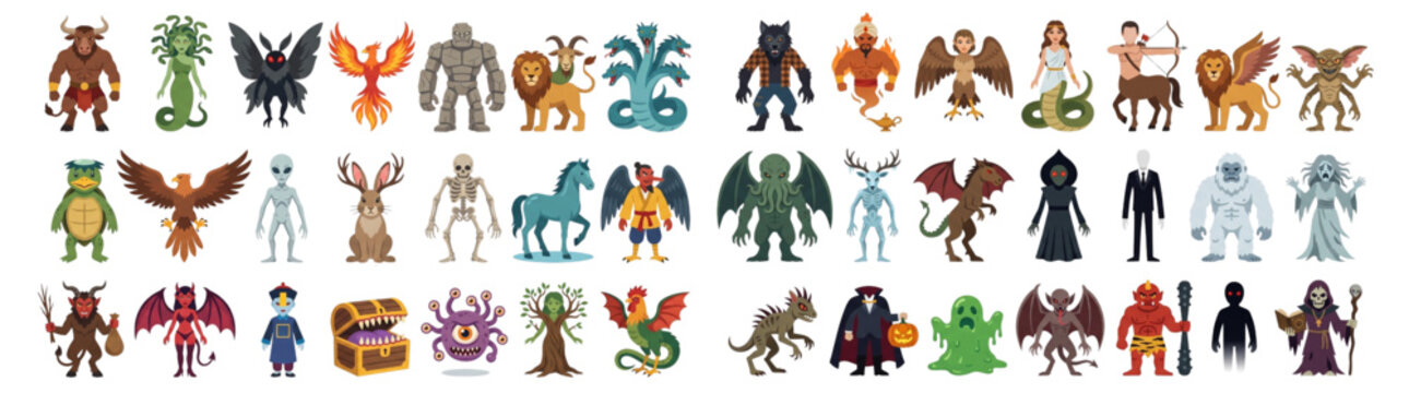 Halloween Fantasy Monster and Mythological Creature Character Flat Vector Set