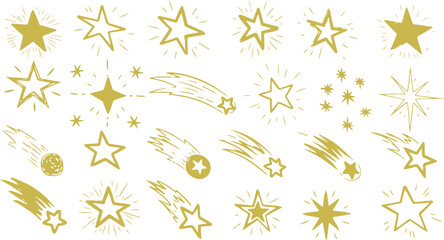 A charming collection of sketchy gold hand-drawn stars, glowing sparkles, and shooting comets on a clean background. © Mend
