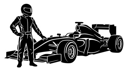 Obraz premium Racing driver standing next to car.