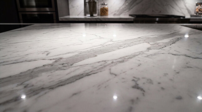 Polished White Marble Countertop &mdash; Premium Gloss Veined Surface with Matching Marble Backsplash
