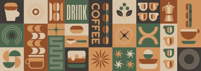 Fototapeta premium Abstract geometric coffee pattern with beans, hot drink cups, plants with leaves, bauhaus simple shapes elements. Vector minimalist seamless background, design template for cafe cover, menu, packaging