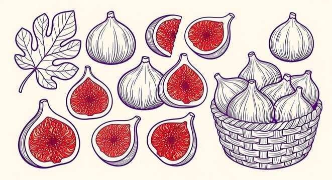 Fresh fig fruit and leaves collection with illustration botanical vegetarian