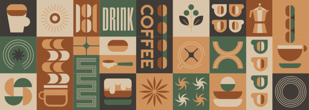 Abstract geometric coffee pattern with beans, hot drink cups, plants with leaves, bauhaus simple shapes elements. Vector minimalist seamless background, design template for cafe cover, menu, packaging