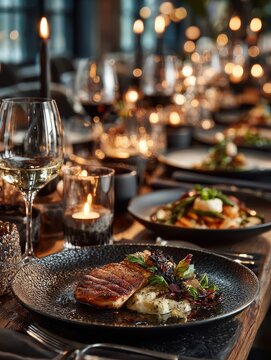Elegant gourmet dinner table with three-course meal on modern ceramic plates, soft candlelight, warm shadows, cinematic moody atmosphere, shallow depth of field, horizontal composition.