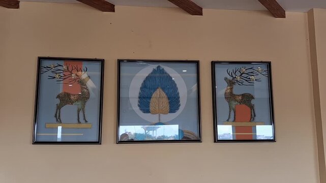 Elegant Three-Panel Framed Wall Art Set Featuring Deer and Golden Leaf Motifs