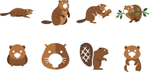 Fototapeta premium Cute Beaver Character Vector Set with Cartoon Poses and Flat Wildlife Icon Collection
