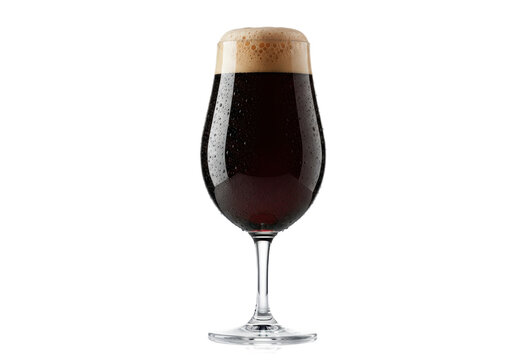 A tall tulip glass of cold dark stout beer with a creamy foam head and condensation on a reflective white studio background. Concept for beverage advertising
