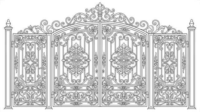 Ornate wrought iron gate with decorative scrollwork against a white background isolated vector illustration
