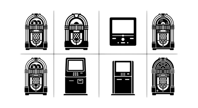 Retro Jukebox and Modern Kiosk Icons, Vintage Music Machine, Digital Display, Black and White Vector Set